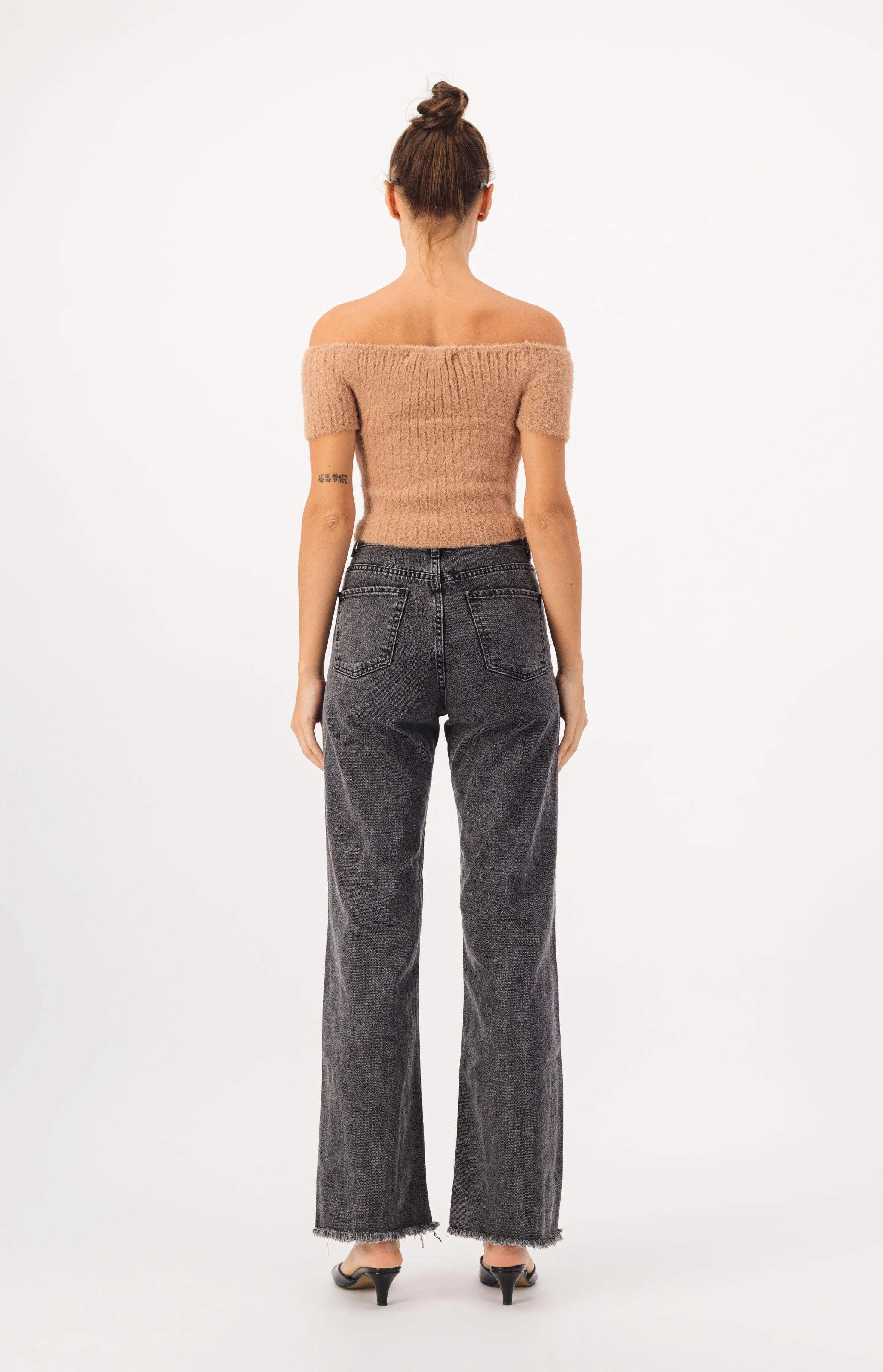 Off Shoulder Crop Fur Knit Top