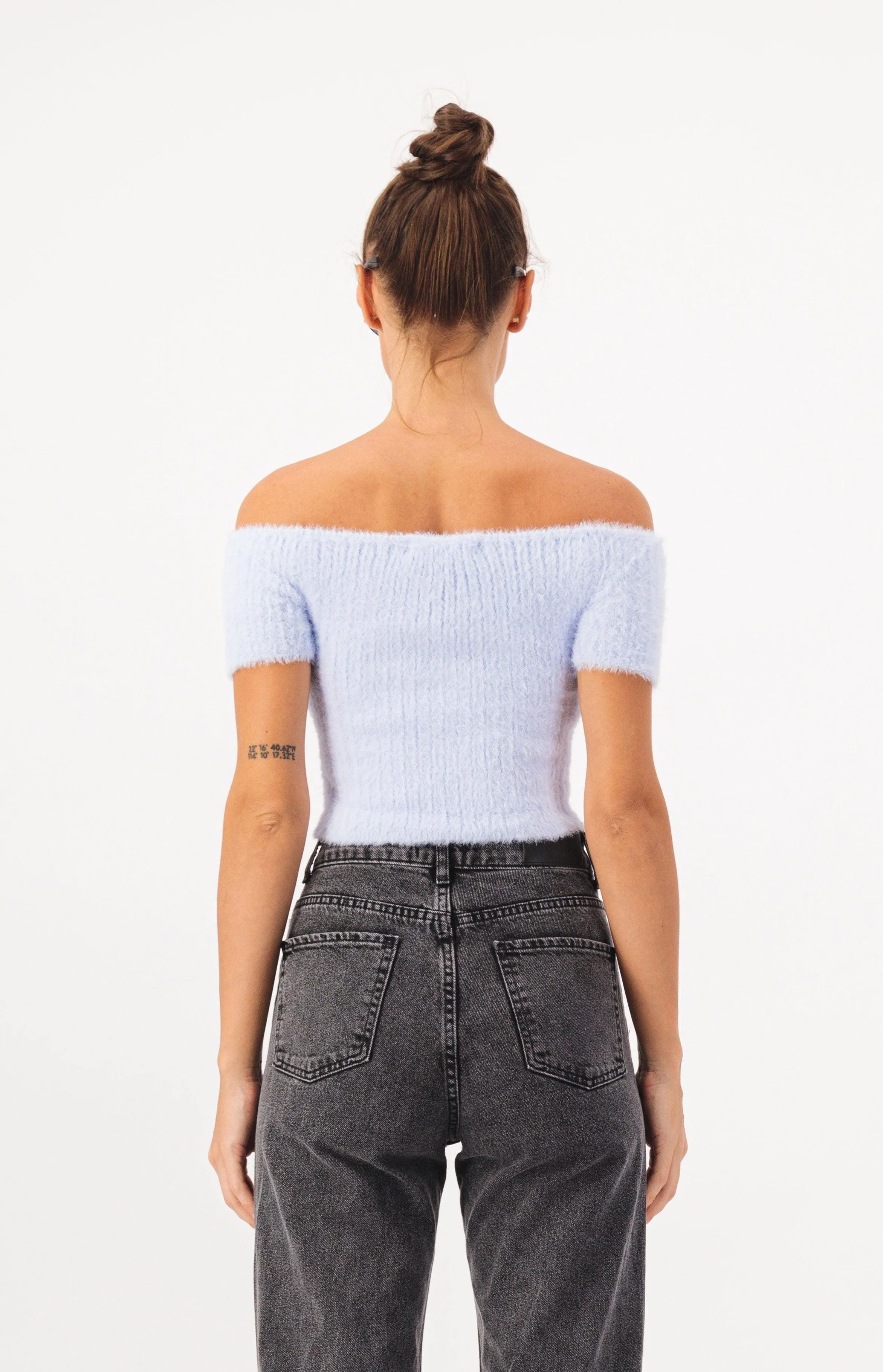 Off Shoulder Crop Fur Knit Top