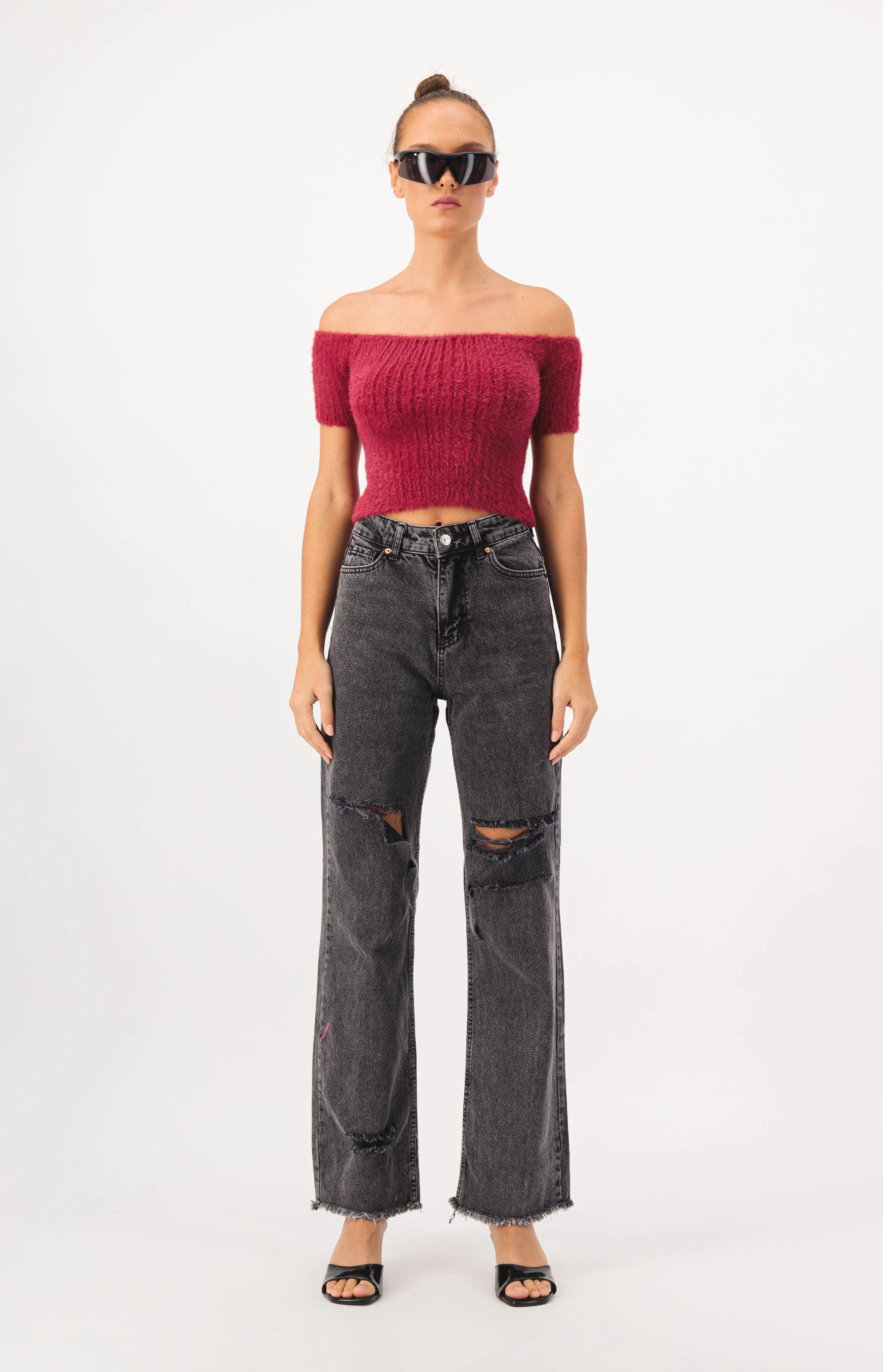 Off Shoulder Crop Fur Knit Top