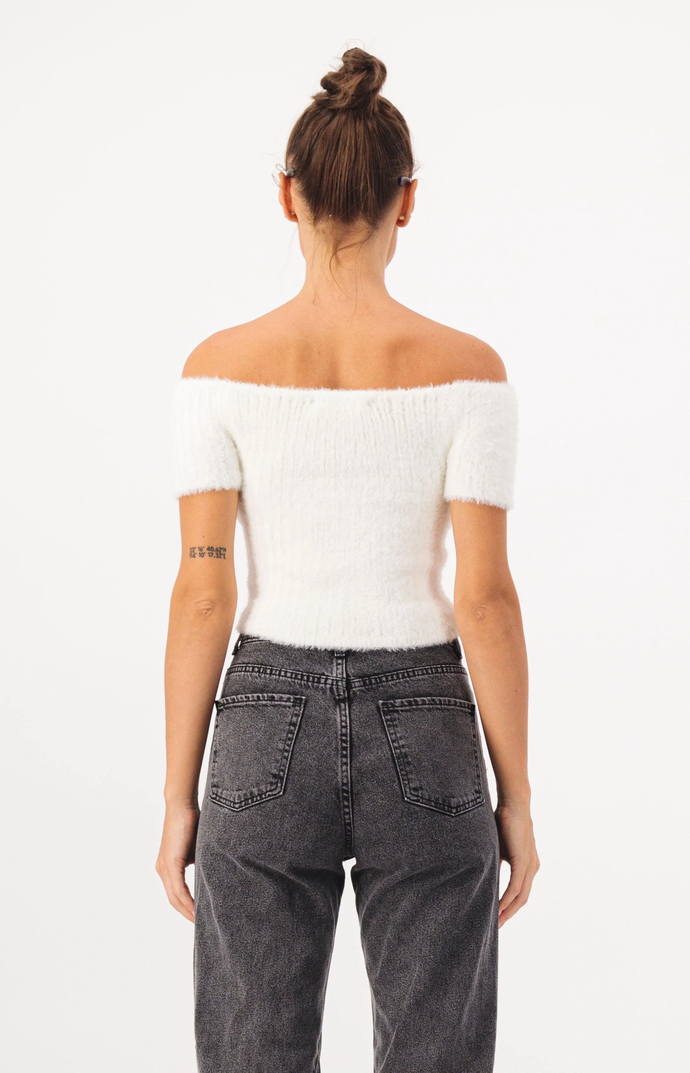 Off Shoulder Crop Fur Knit Top