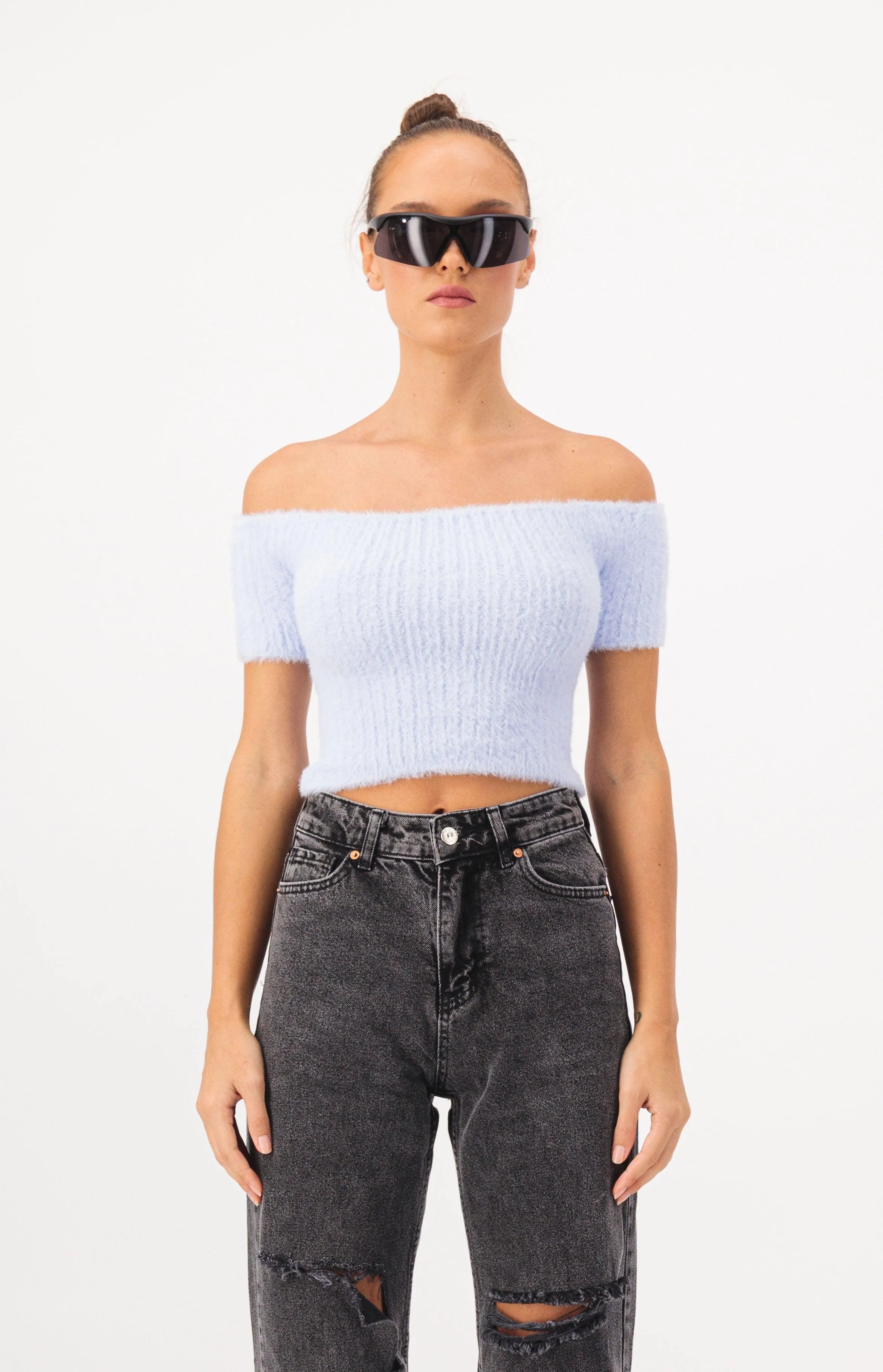 Off Shoulder Crop Fur Knit Top