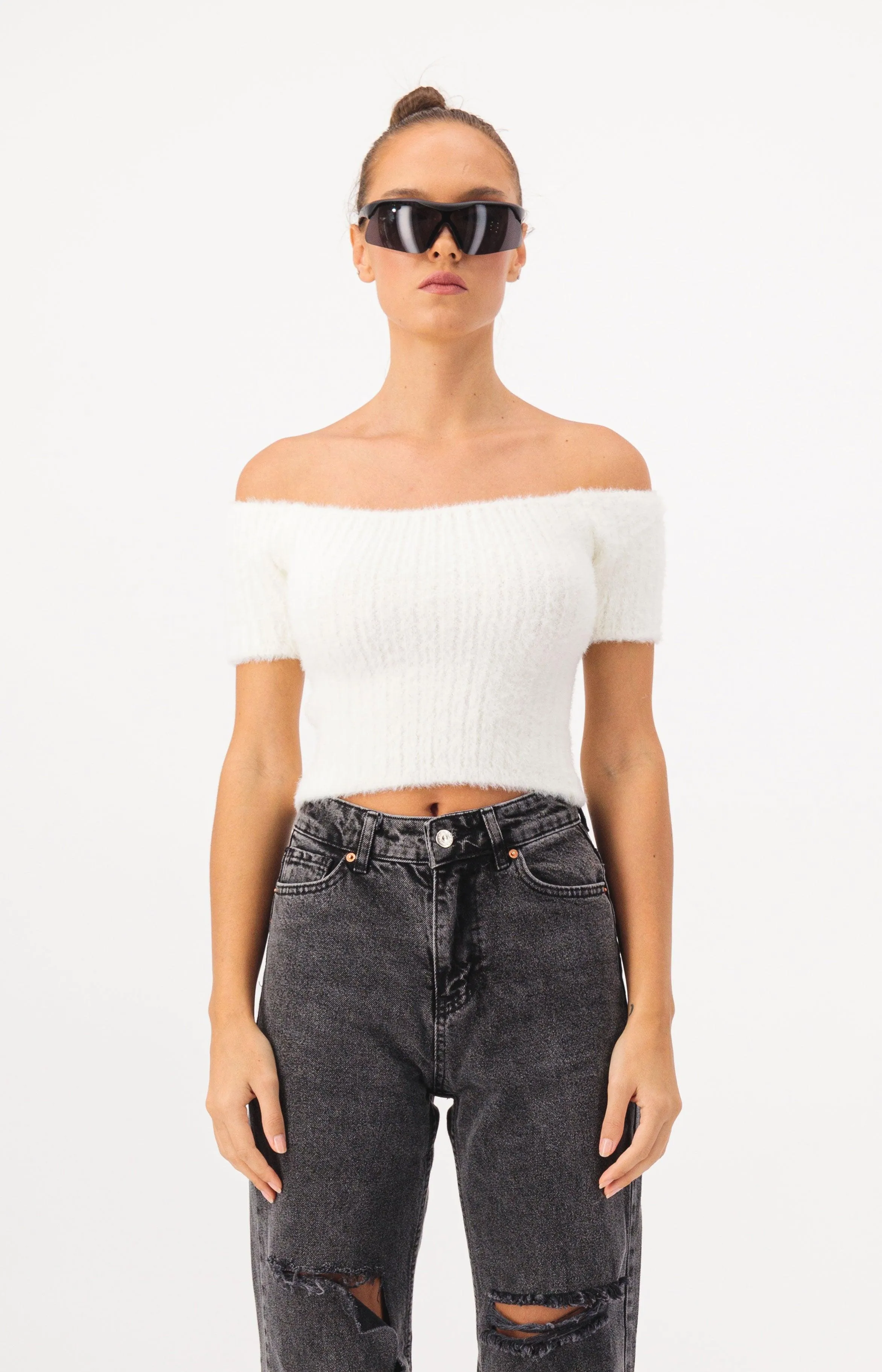 Off Shoulder Crop Fur Knit Top