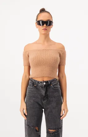Off Shoulder Crop Fur Knit Top