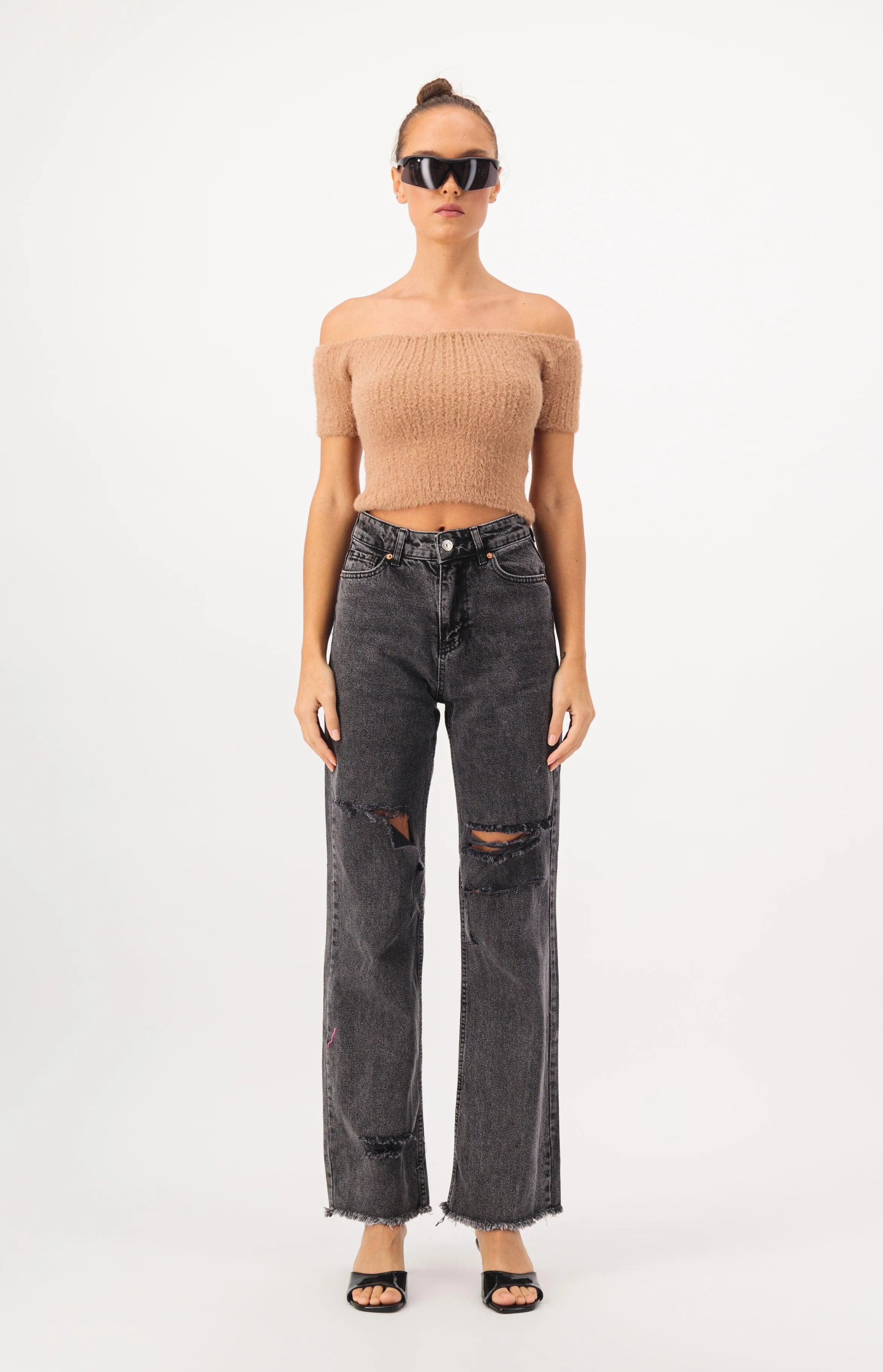 Off Shoulder Crop Fur Knit Top