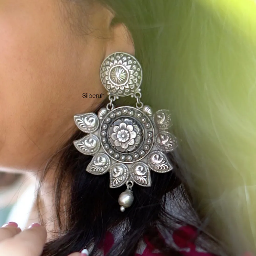 Peacock Paisley Silver Tribal Earring