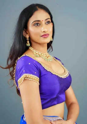 Purple Pure Raw Silk blouse with Kundan Detailing and Maggam Work, Customizable, Made to Order