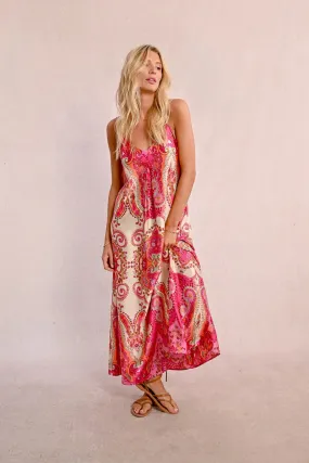 Satin Paisley Maxi Dress – Elegant Boho-Inspired Long Dress with Flowy Fit