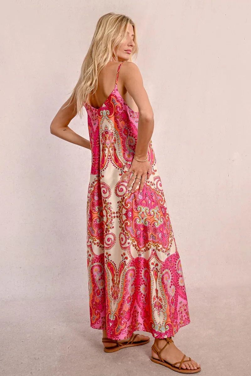 Satin Paisley Maxi Dress – Elegant Boho-Inspired Long Dress with Flowy Fit