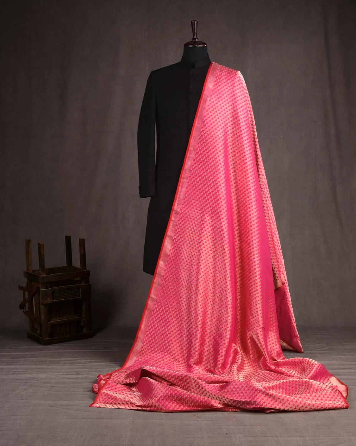 Shot Red-Pink Banarasi Geometric Alfi Sona Rupa Zari Brocade Handwoven Katan Silk Unisex Fabric
