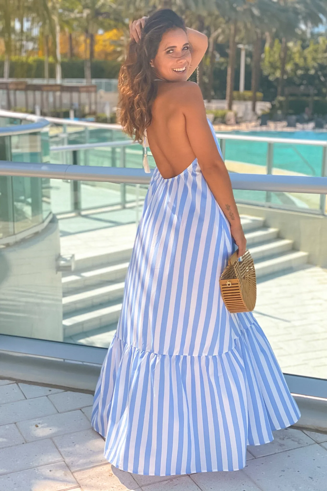 White And Blue Striped Maxi Dress With Open Back