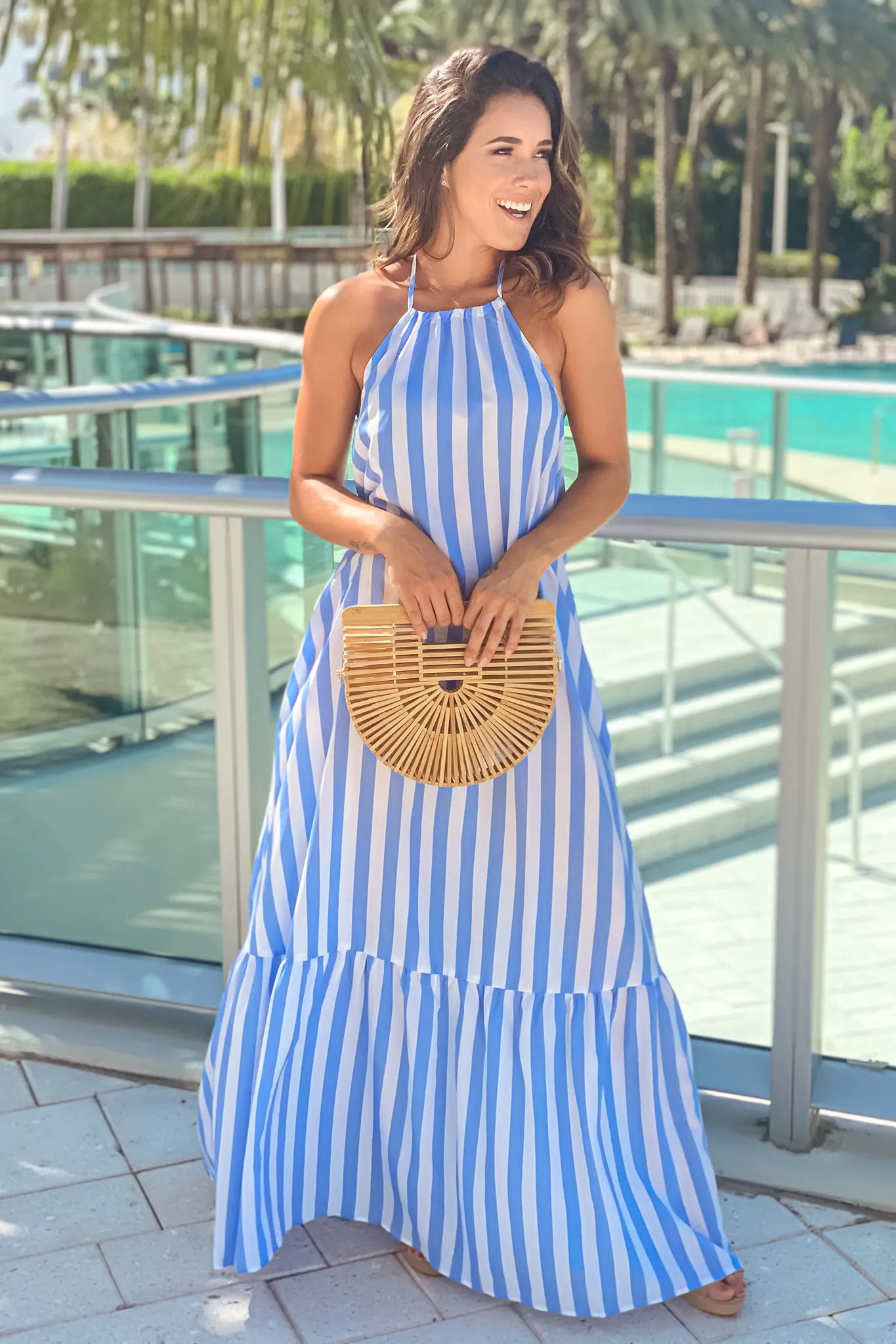 White And Blue Striped Maxi Dress With Open Back