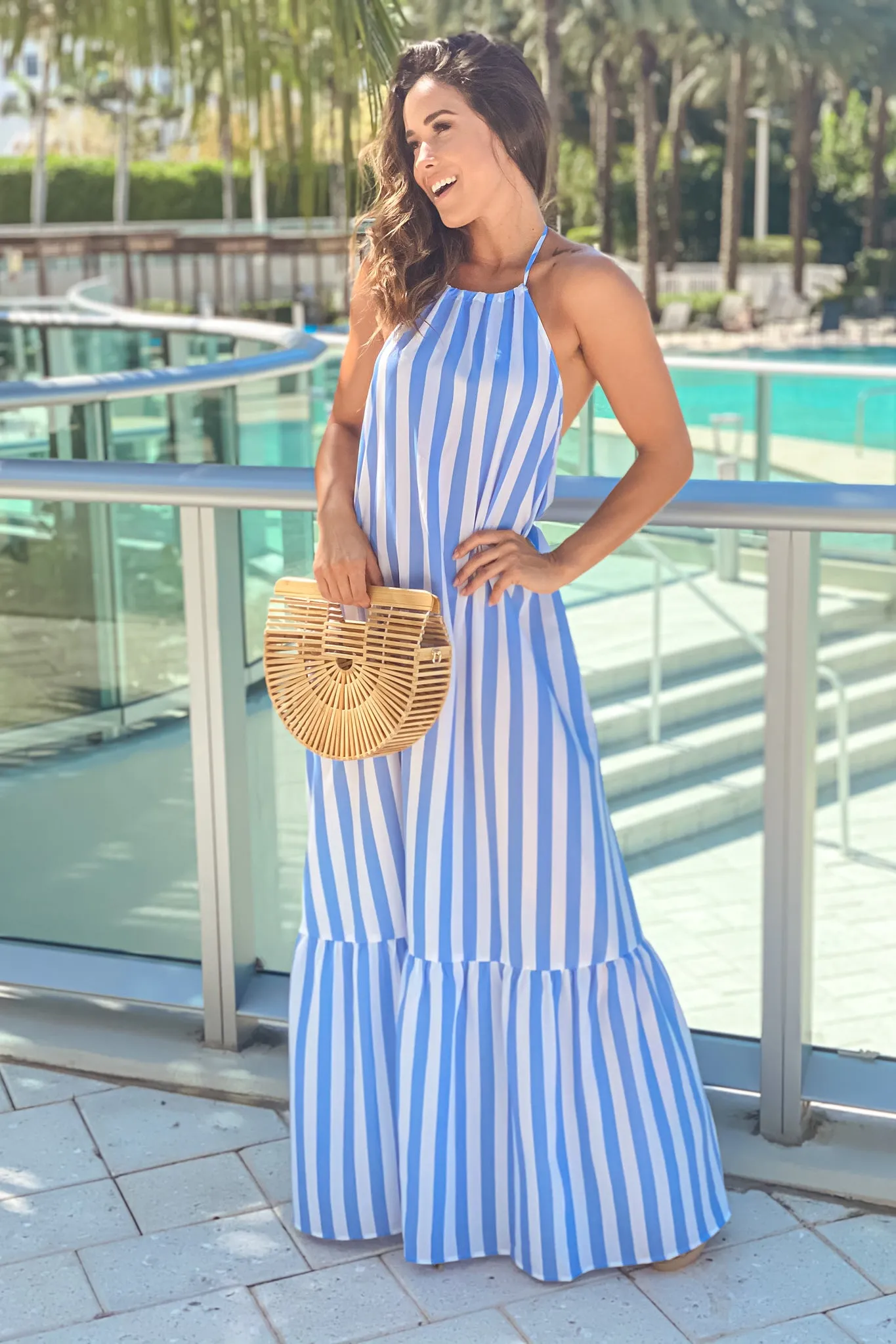White And Blue Striped Maxi Dress With Open Back