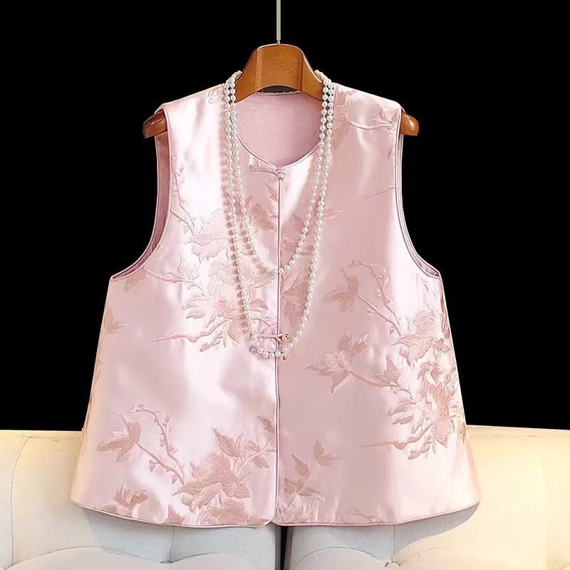 Women's Floral Embroidered Satin Vest, Pink, Sleeveless, Traditional Asian Style