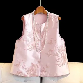 Women's Floral Embroidered Satin Vest, Pink, Sleeveless, Traditional Asian Style