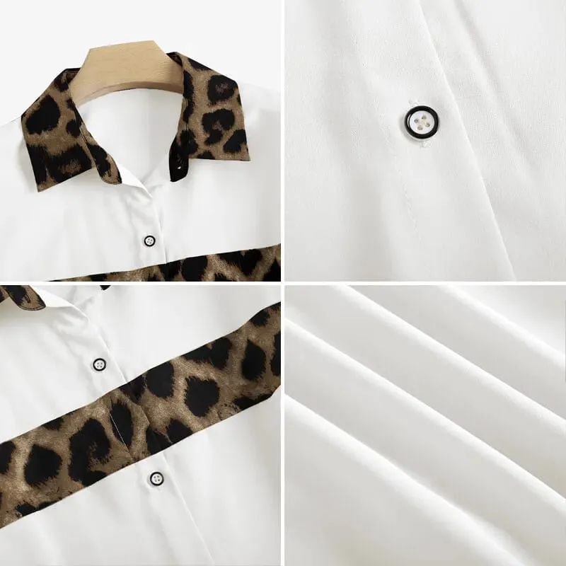 Women's Long Sleeve Leopard Print Patchwork Shirts Formal Party Button Down Top S4521632