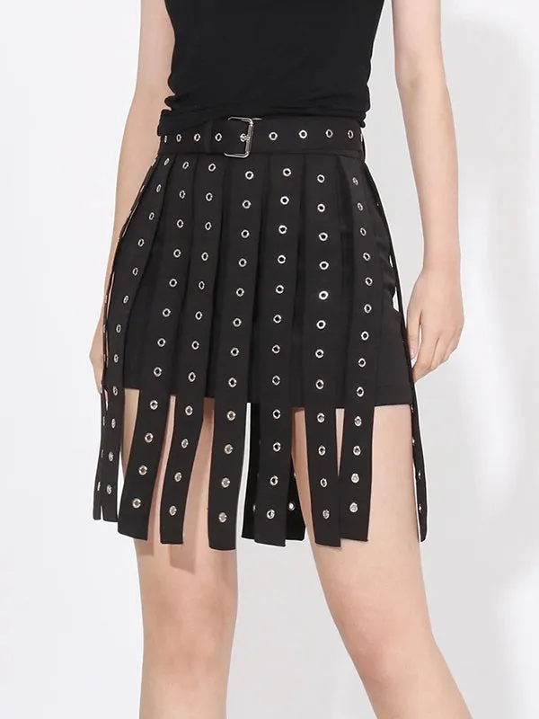 xakxx A-Line High Waisted Belt Buckle Hollow Tasseled Skirts Bottoms