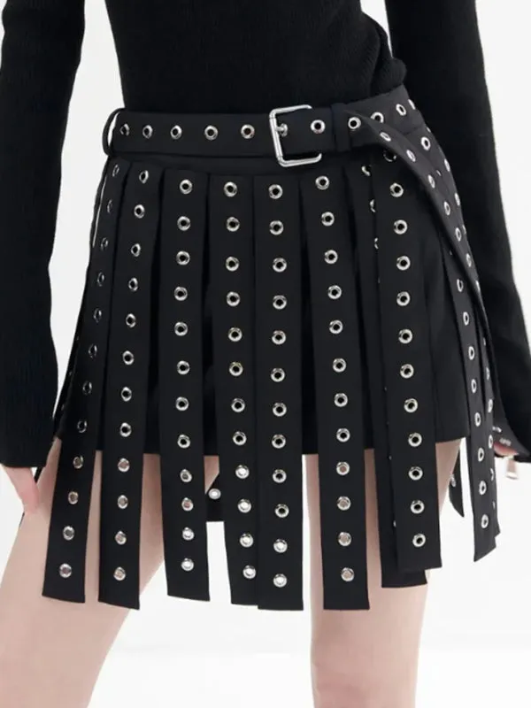 xakxx A-Line High Waisted Belt Buckle Hollow Tasseled Skirts Bottoms
