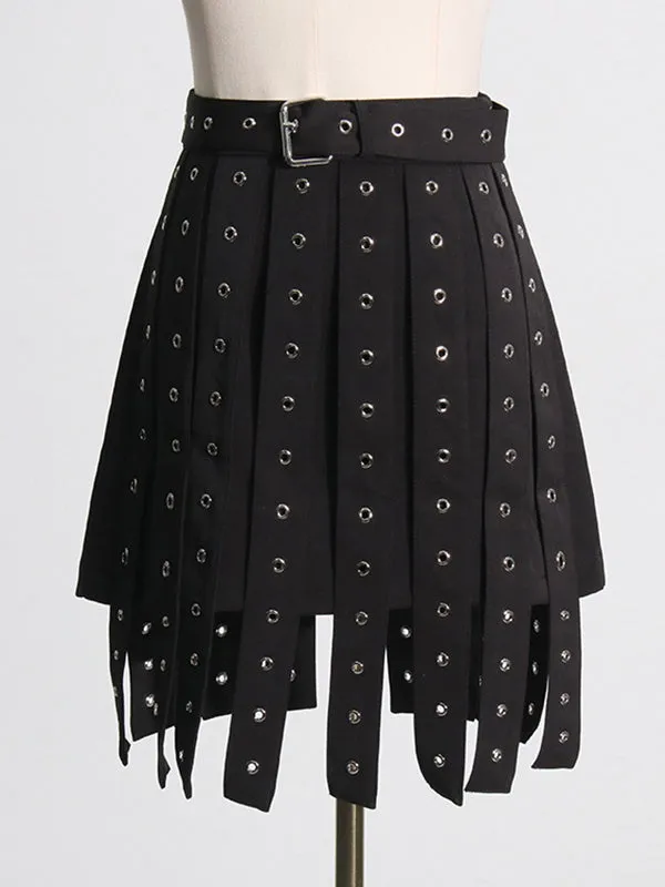xakxx A-Line High Waisted Belt Buckle Hollow Tasseled Skirts Bottoms