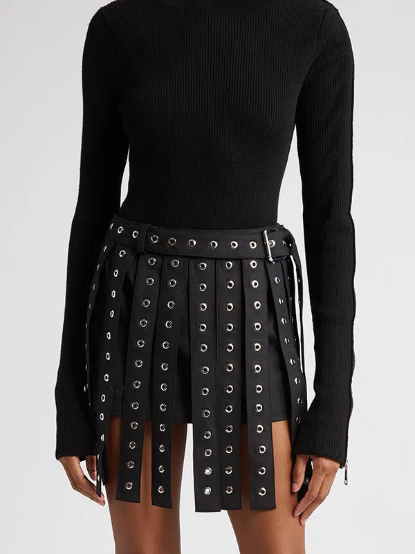 xakxx A-Line High Waisted Belt Buckle Hollow Tasseled Skirts Bottoms