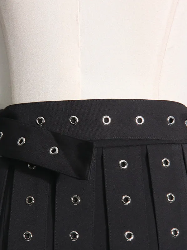 xakxx A-Line High Waisted Belt Buckle Hollow Tasseled Skirts Bottoms