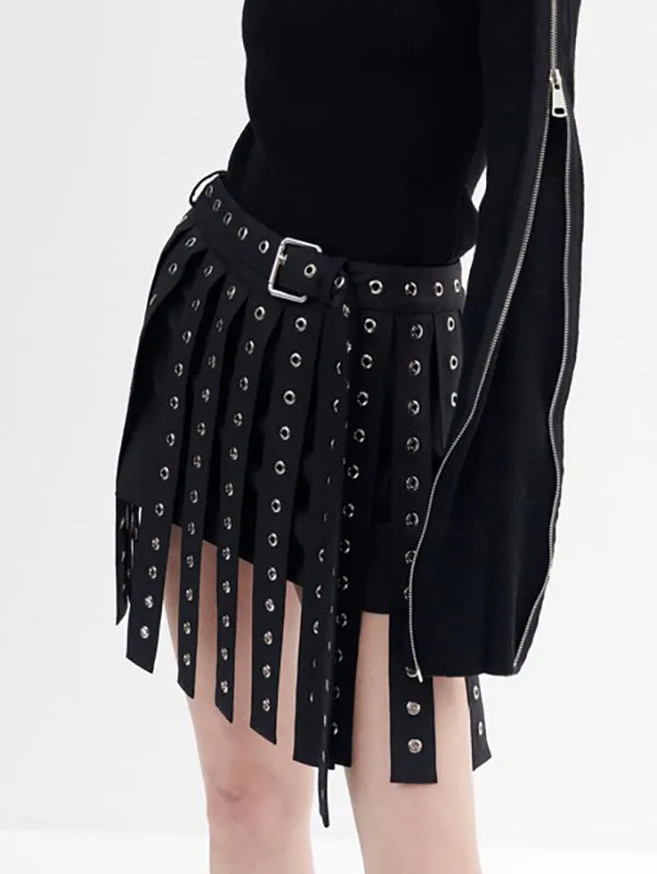 xakxx A-Line High Waisted Belt Buckle Hollow Tasseled Skirts Bottoms