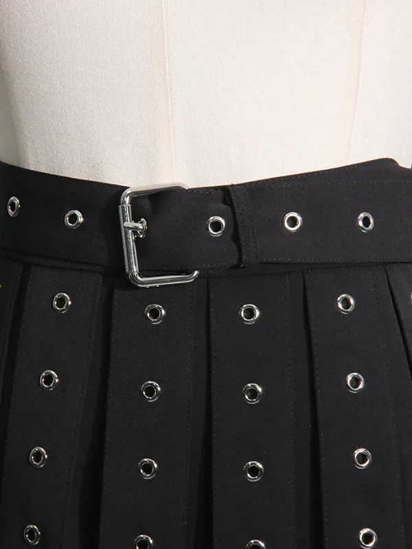 xakxx A-Line High Waisted Belt Buckle Hollow Tasseled Skirts Bottoms