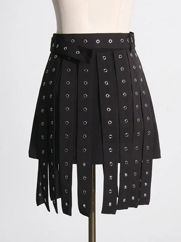 xakxx A-Line High Waisted Belt Buckle Hollow Tasseled Skirts Bottoms