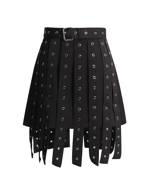 xakxx A-Line High Waisted Belt Buckle Hollow Tasseled Skirts Bottoms